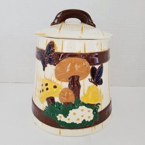 Vintage Butterflies Mushroom Flowers Floral Ceramic Canister Jar 7.25" Sugar Lid